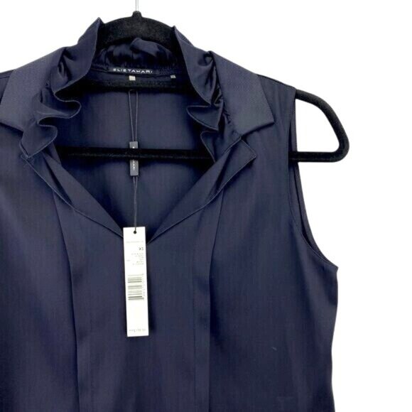 Elie Tahari Womens Olivia Navy Ruffled Sleeveless Blouse Size XS Silk/Elastane - Picture 2 of 6